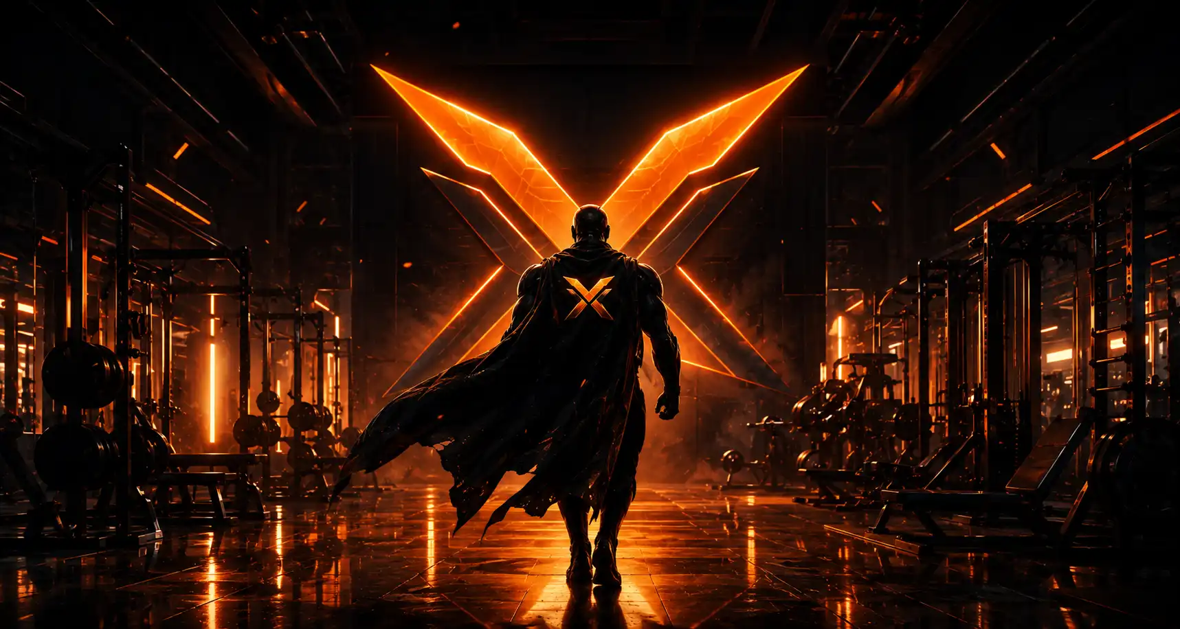 The Vitanox guardian standing in a dark gym beneath a glowing V/X emblem