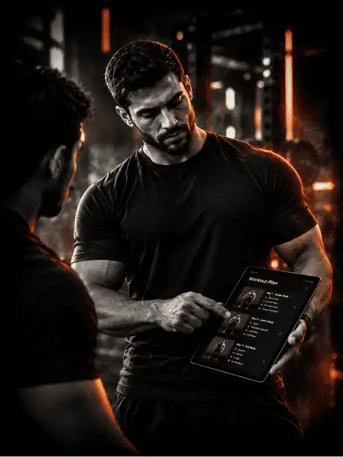 A coach reviewing a training program with a client in a gym