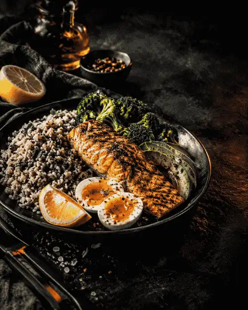 Balanced, carefully prepared meal ingredients on a dark surface